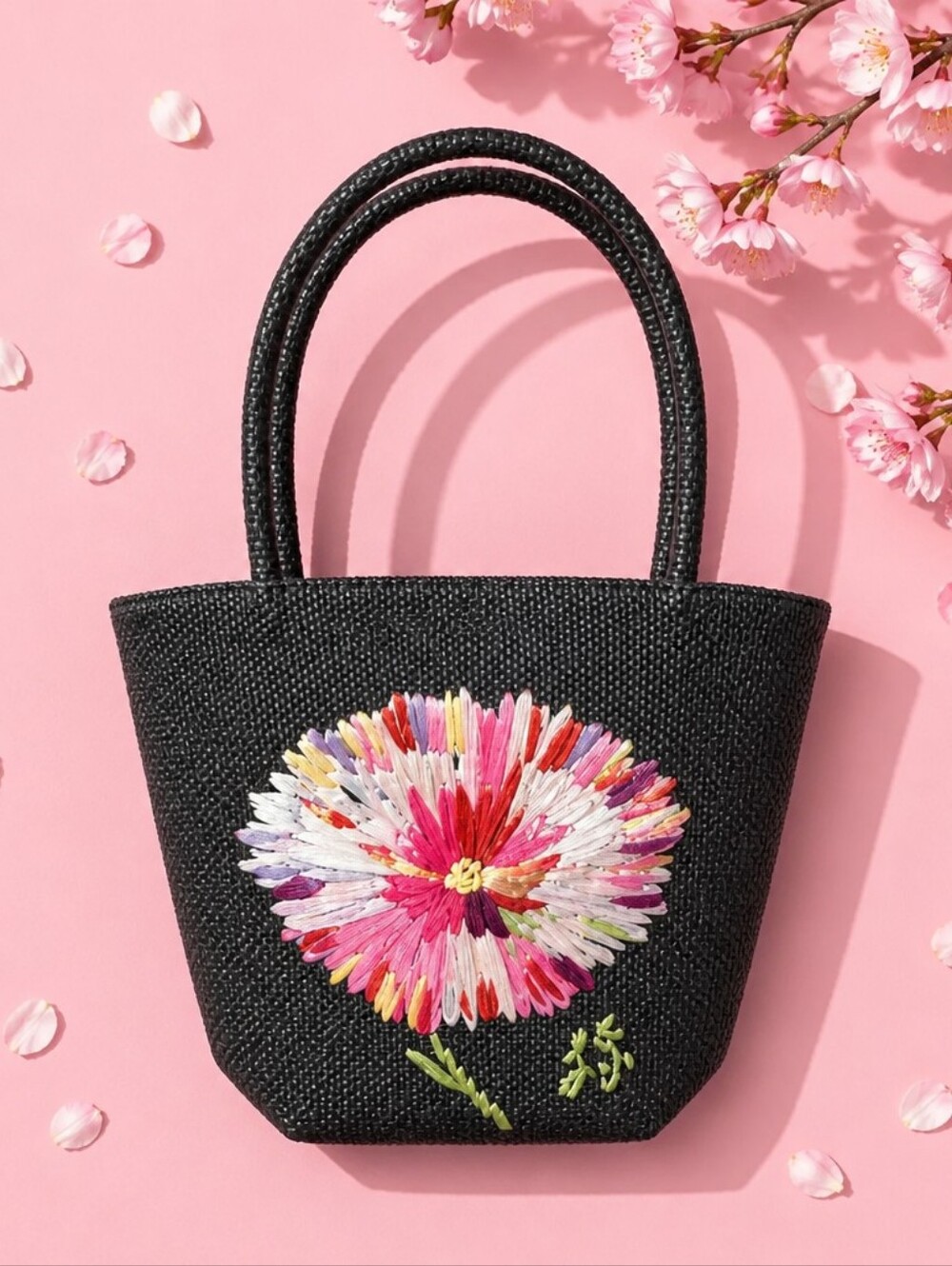 Lulu Guinness Vintage Black Floral Embroidered Straw Tote Bag